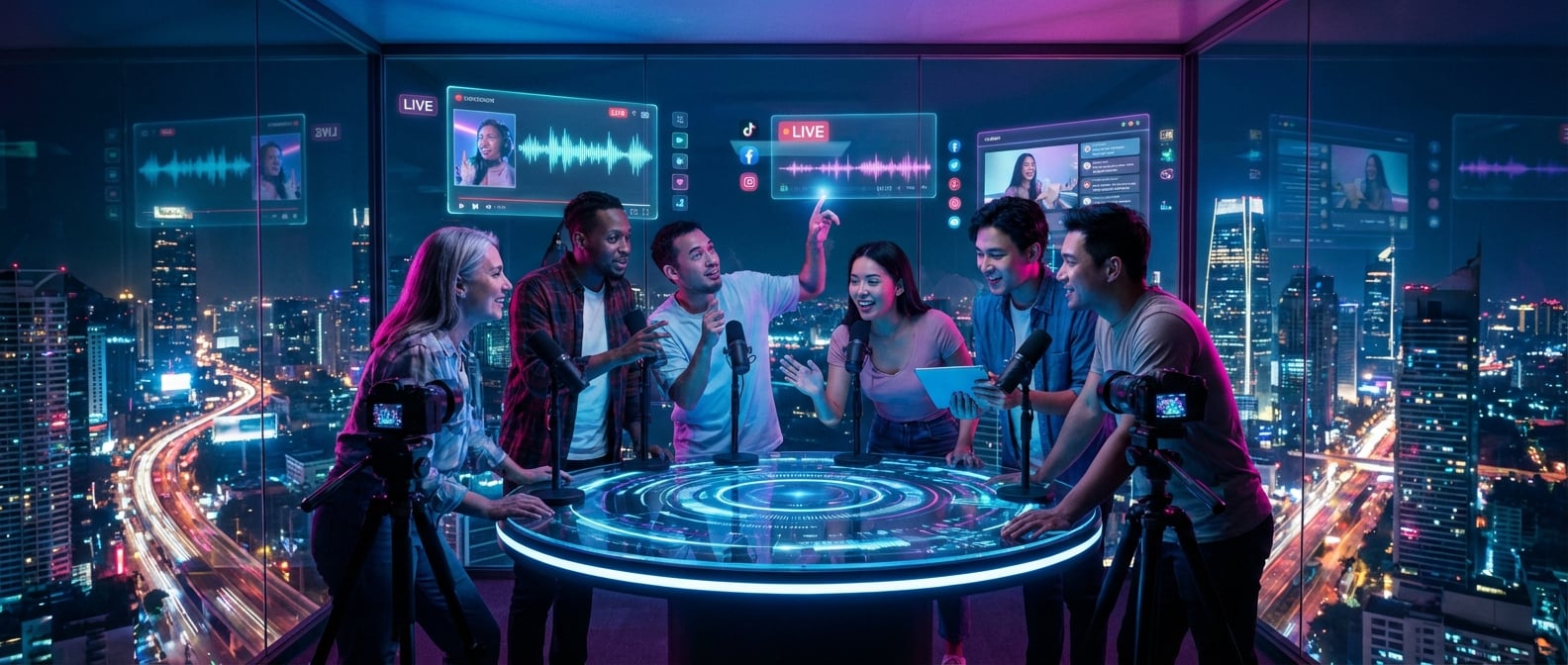 Content creators and podcasters collaborating with digital tools in a futuristic studio