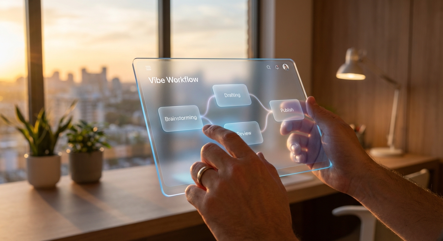 A human hand interacting with a user-friendly Vibe Workflow interface, highlighting the accessibility of modern AI tools.