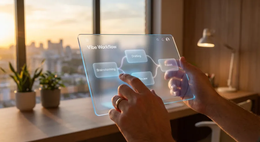 A human hand interacting with a user-friendly Vibe Workflow interface, highlighting the accessibility of modern AI tools.