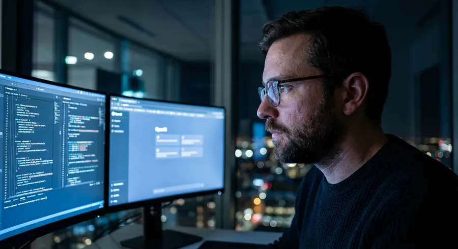 Software developer using Cursor IDE with OpenAI integration for coding efficiency