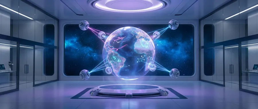 A holographic globe being analyzed by robotic orbs in a futuristic science laboratory