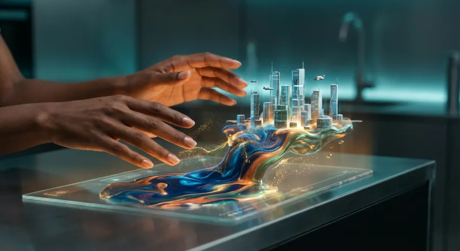 A digital artist interacting with a glowing seaart ai creative interface