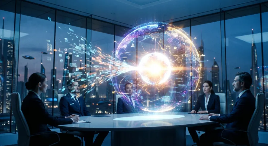 Holographic data heatmap representing the shift from search to synthesis in AI technology