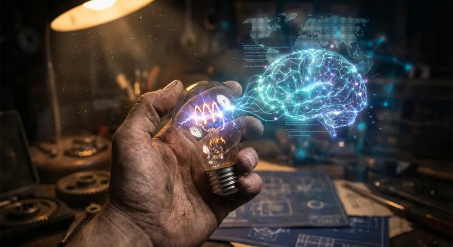 Metaphorical representation of AI diffusion showing a lightbulb integrated with a digital neural network