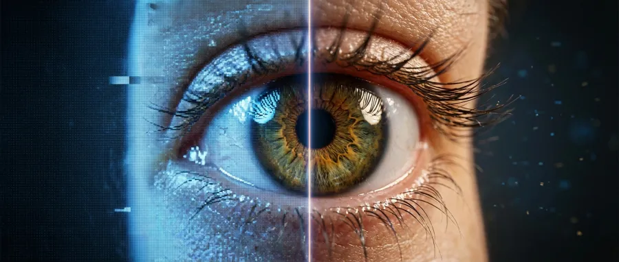 A side-by-side image upscale comparison showing restored fine skin textures and improved anatomical precision in a portrait.