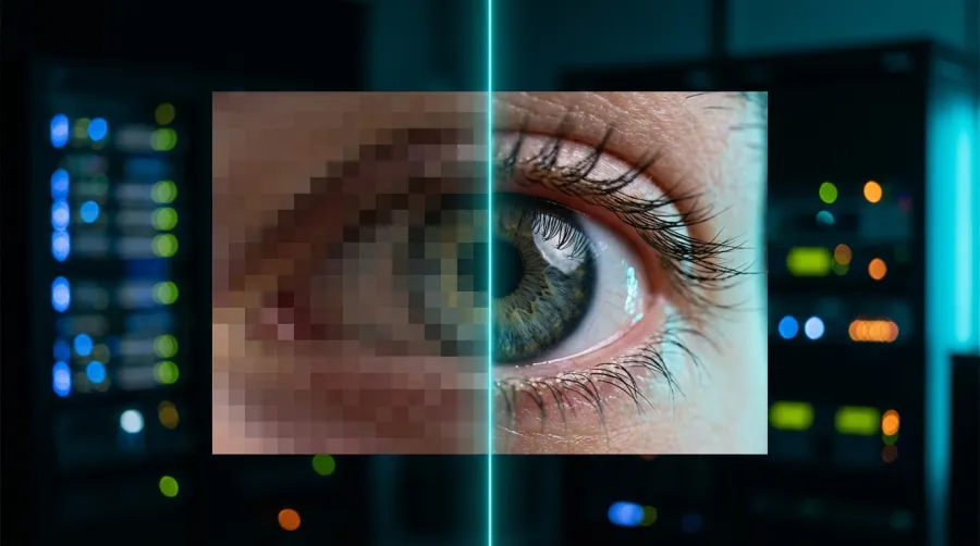 Comparison of a blurry pixelated eye versus a sharp high-definition eye using an image enlarger