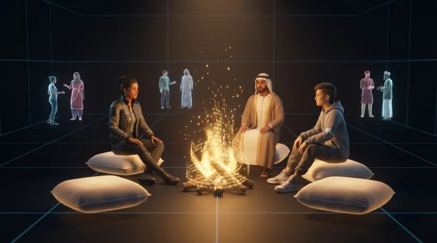 Future vision of a collaborative AI chatroom acting as a digital hearth for communication