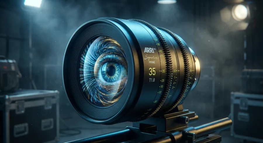 cinema camera lens reflecting digital data streams for hailuo ai video creation