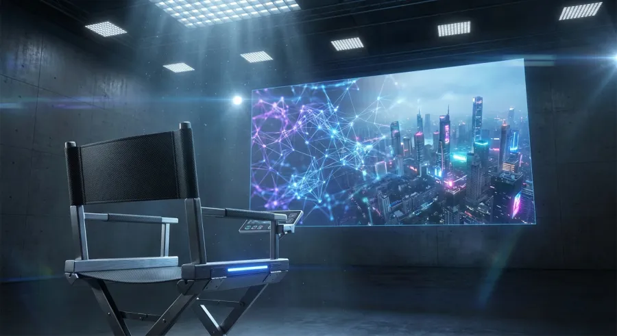 A high-tech film studio displaying the holographic interface of the runway ai video generator