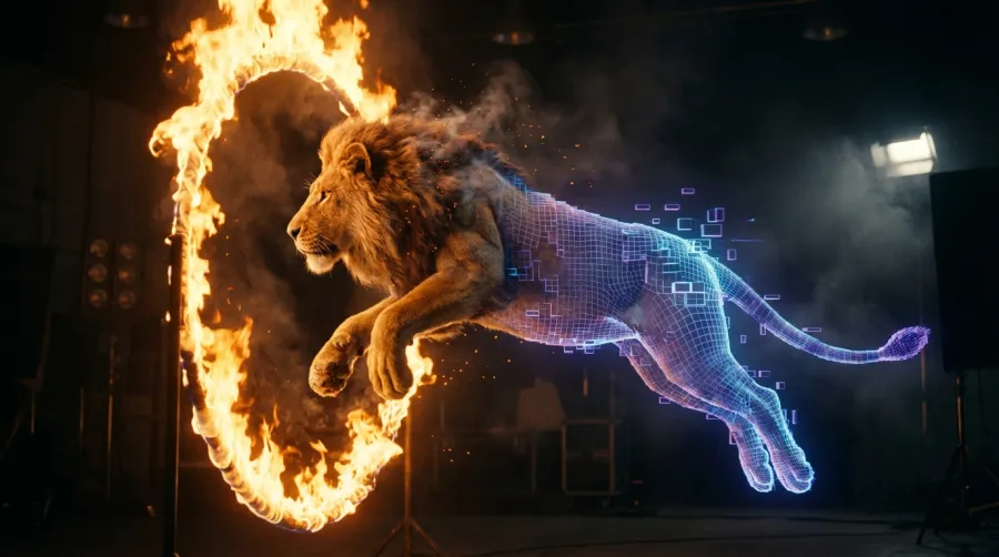 Cinematic video generation showing a lion leaping through a ring of fire