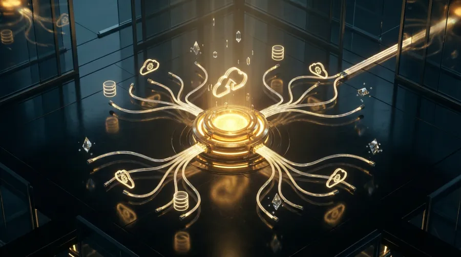 Holographic visualization of interconnected API nodes and digital infrastructure