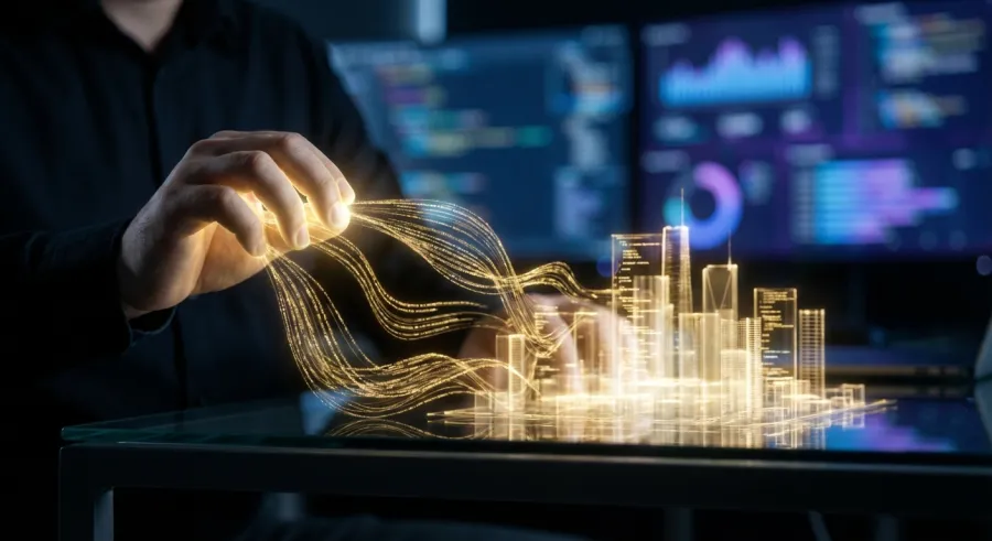 A visionary developer interacting with holographic golden code strands representing Vibe Coding