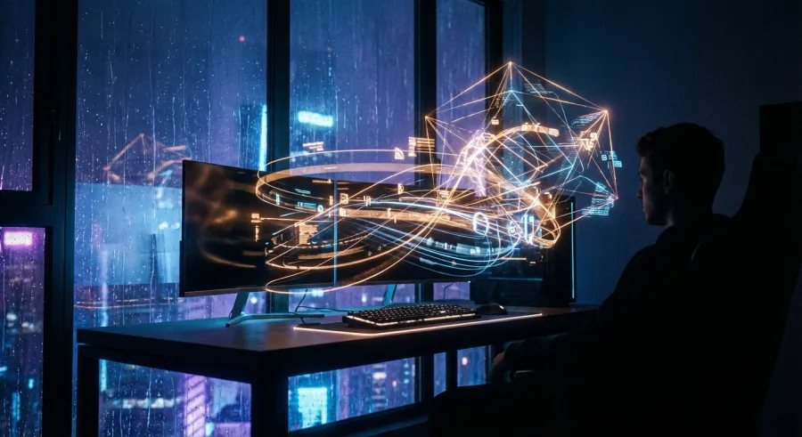 A visual representation of productivity and automation tasks managed by Claude Code in a high-tech environment.