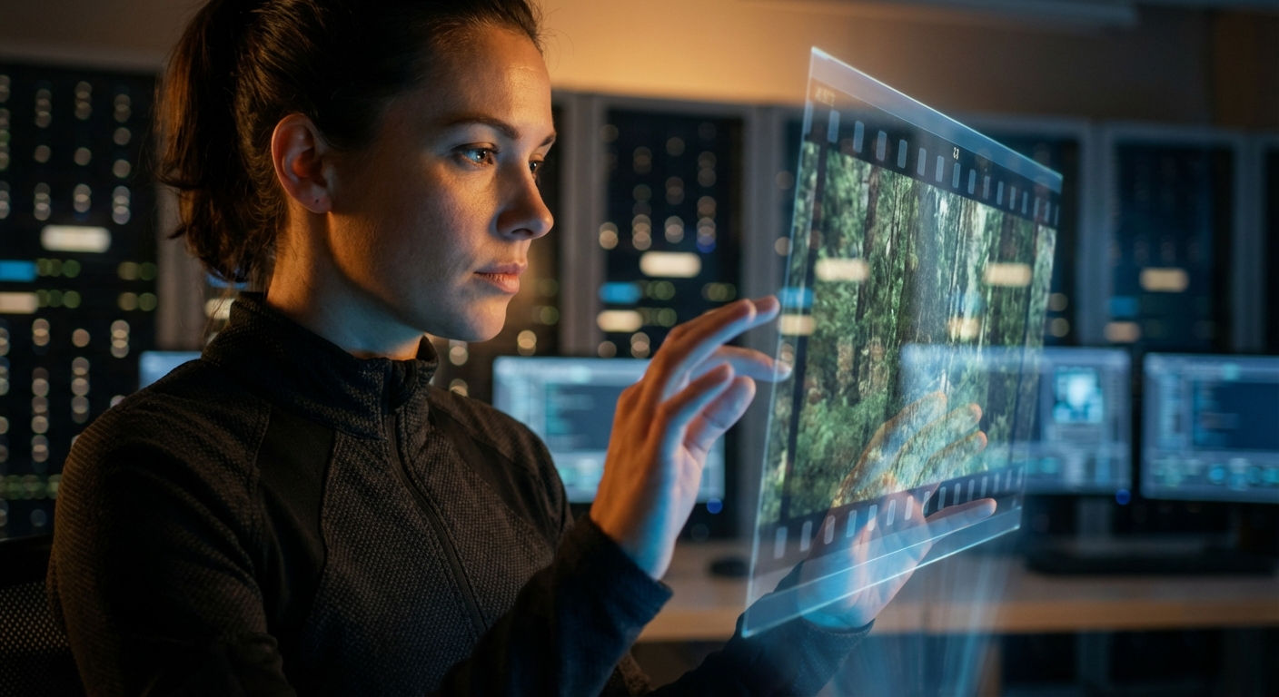 A cinematic professional managing a holographic video timeline interface for runway gen-4