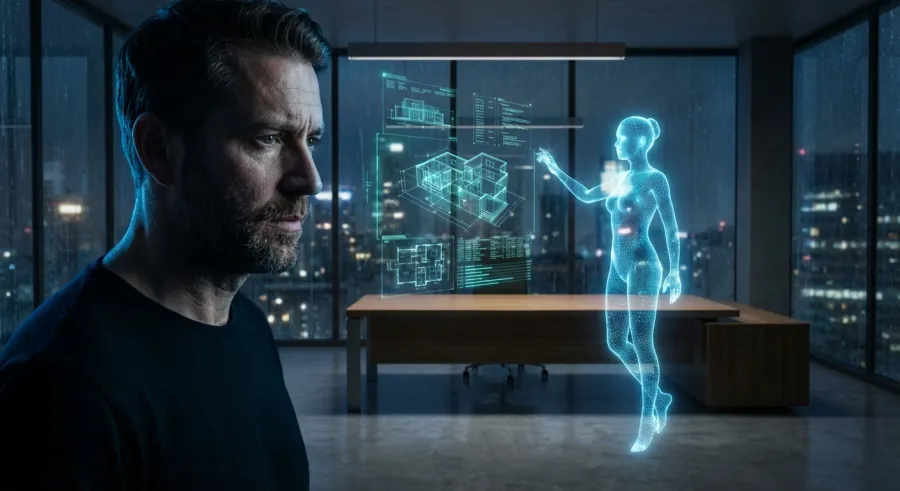 AI professional and holographic entity analyzing complex architectural data for a reality check on automation