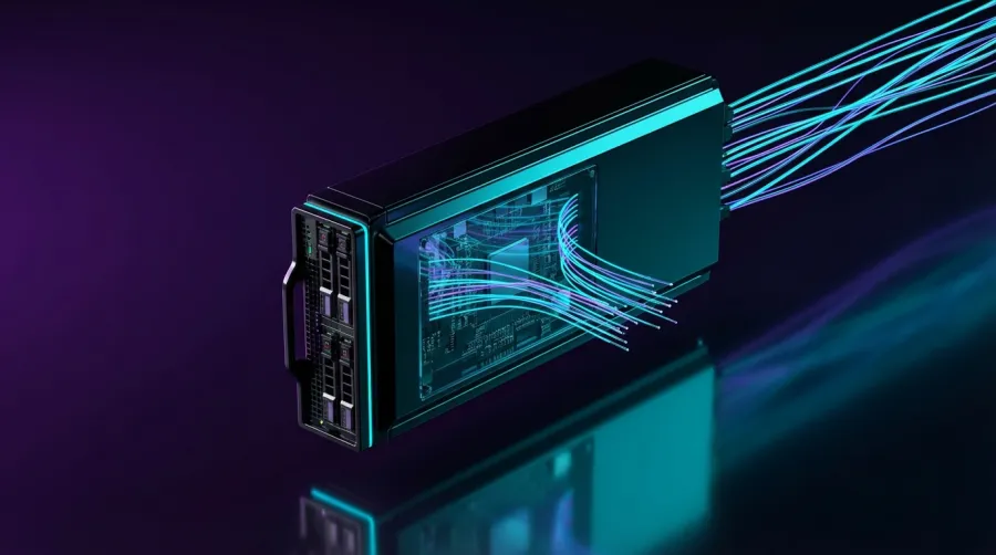 Futuristic server infrastructure representing invisible hardware and GPU orchestration in the replicate ecosystem