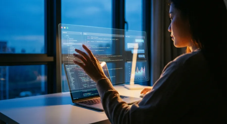 A professional workstation with a translucent interface showing human-AI collaboration in real-time.