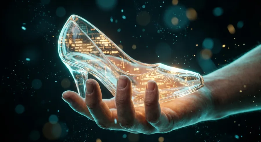 A glowing glass slipper representing the perfect AI workload-model fit on OpenRouter