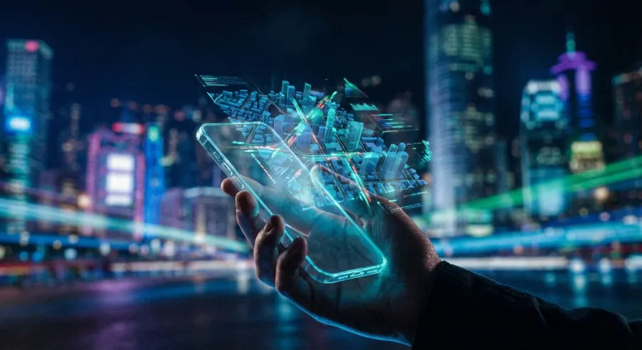 Holographic interface projecting a 3D map of synchronized urban traffic flows managed by GLM-4.5