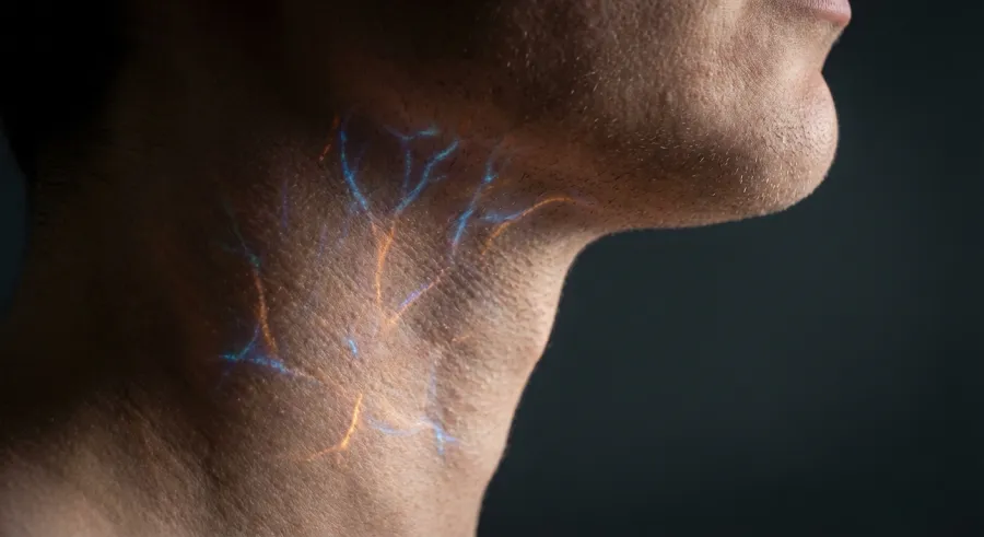 Neural patterns shimmering beneath the skin representing 11 labs digital speech technology
