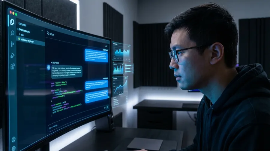 Professional software engineer interacting with a sophisticated AI chat room interface on a transparent display