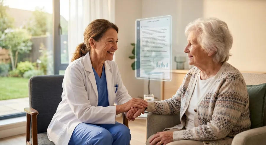 A female doctor providing care while an AI ambient scribe automates medical paperwork in the background