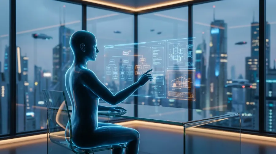 AI graduate intern interacting with holographic data representing thick application structure