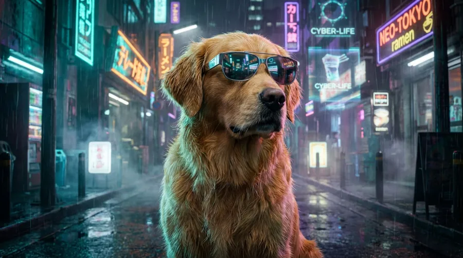 Hyper-realistic AI generated video scene of a golden retriever in a neon cityscape