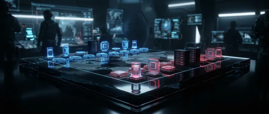 Strategic digital chessboard representing global AI competition and geopolitical tech dominance