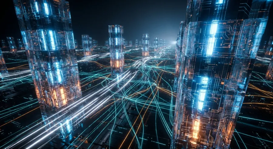 Futuristic landscape of modular AI nodes and networks