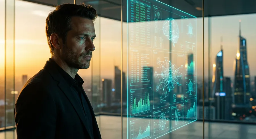 Founder interacting with holographic AI interface in a futuristic office