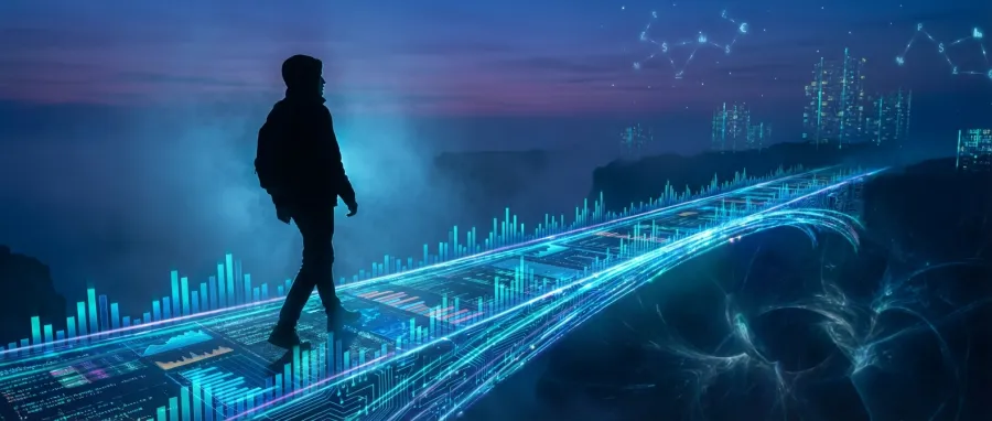 A silhouette of a tech founder walking a long digital bridge across an abyss, representing the extended fundraising stretch between primary funding rounds.