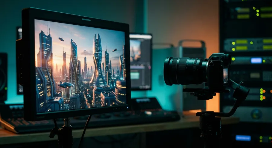 Professional production monitor showing realistic veo2 video generation with high-fidelity temporal consistency