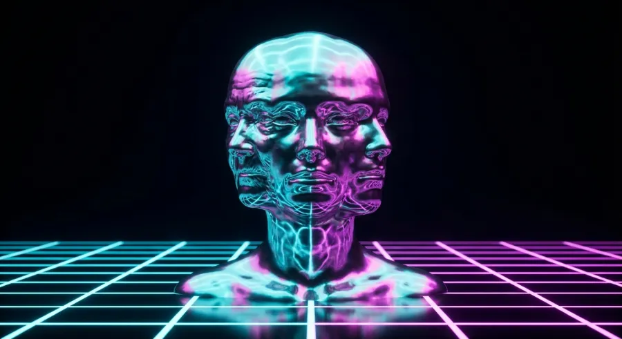 A futuristic and surreal visualization of digital identity and overlapping faces, representing the power of remaker ai.