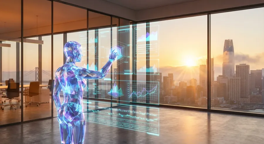 A visionary representation of the era of the AI Agent in a futuristic workspace