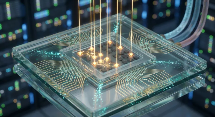 Visualization of Sparse Attention mechanism efficiency in DeepSeek V3.2 chip architecture