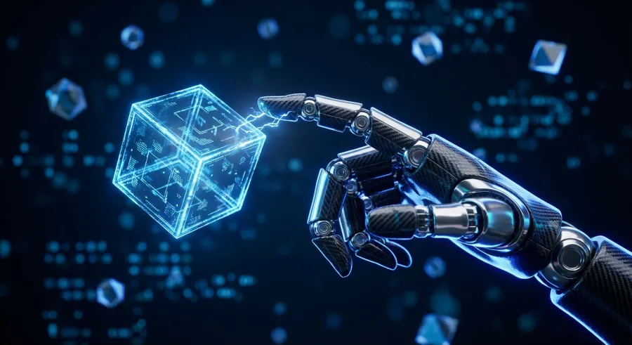 A high-tech robotic hand touching a glowing wireframe representing a physical state