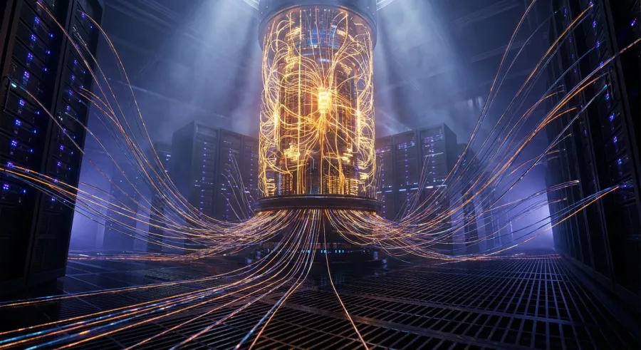 A glowing data core representing AI infrastructure and digital worker connectivity