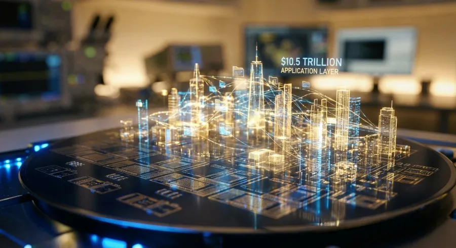 Digital metaphor of software applications building upon a foundation of Generative AI hardware