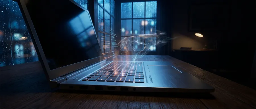 Conceptual visualization of OpenClaw as an invisible digital force solving technical puzzles on a laptop.