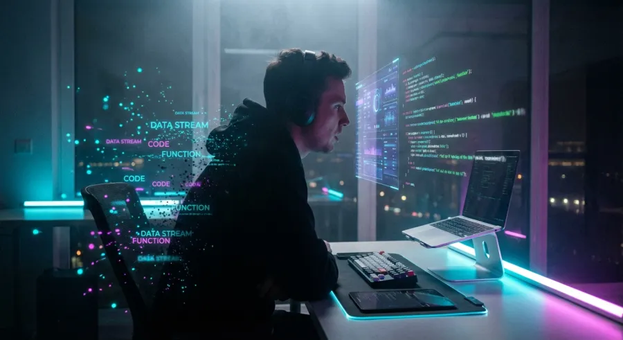 A developer vibe coding using OpenAI o3 capabilities via a holographic interface
