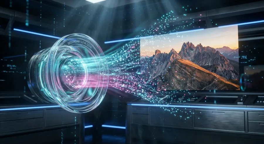 Seedream 5.0 AI core generating a hyper-realistic 4K landscape