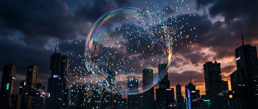 A conceptual representation of a digital bubble shattering into data fragments over a futuristic city skyline