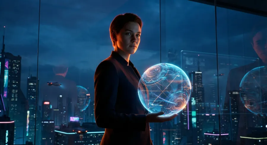 A visionary entrepreneur holding a holographic sphere representing an autonomous AI Agent in a high-tech office