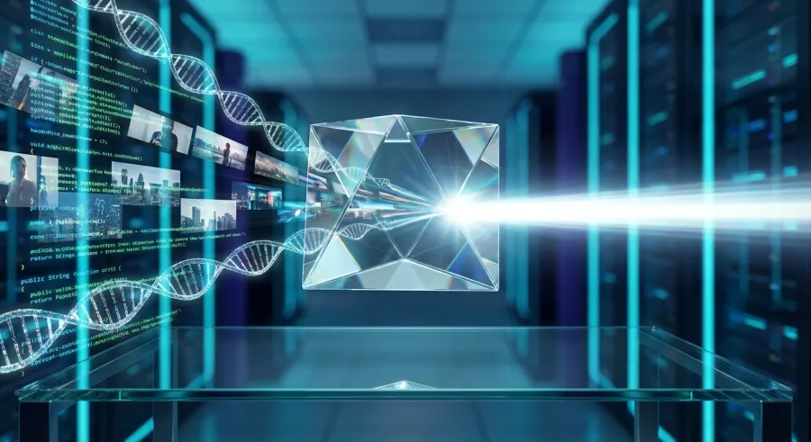 Data streams passing through a prism representing the multi-modal integration of gemini 2.5