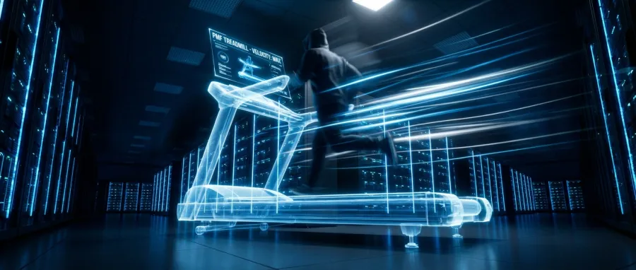 A developer running on a high-speed digital treadmill symbolizing the relentless pace of AI product market fit