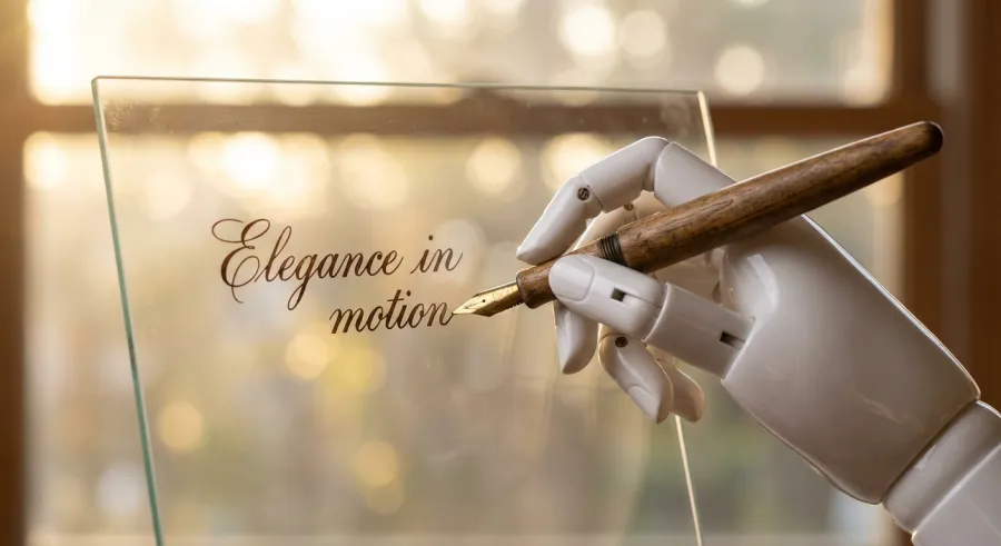 A robotic hand holding a fountain pen symbolizing Claude's human-like writing style