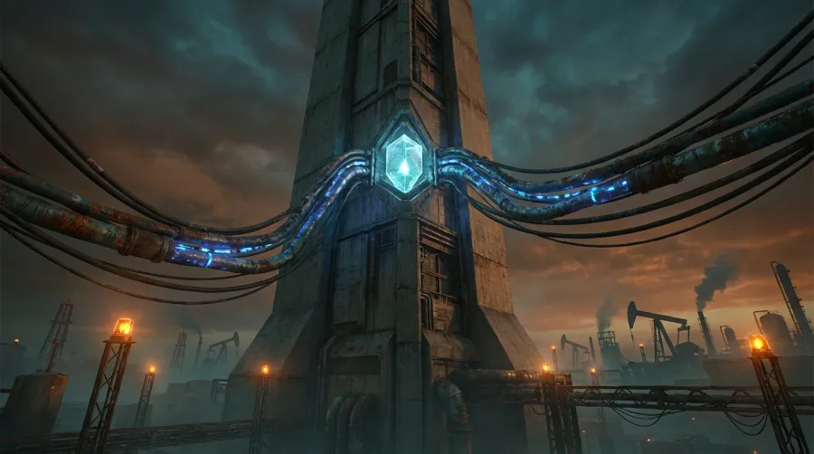 A massive industrial AI data center tower emphasizing the energy and infrastructure demands of AI