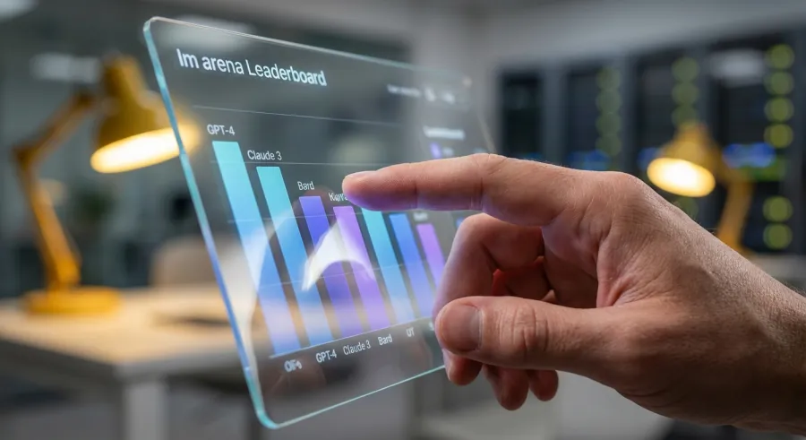 A software developer reviewing the lm arena leaderboard and model performance metrics on a high-tech interface.