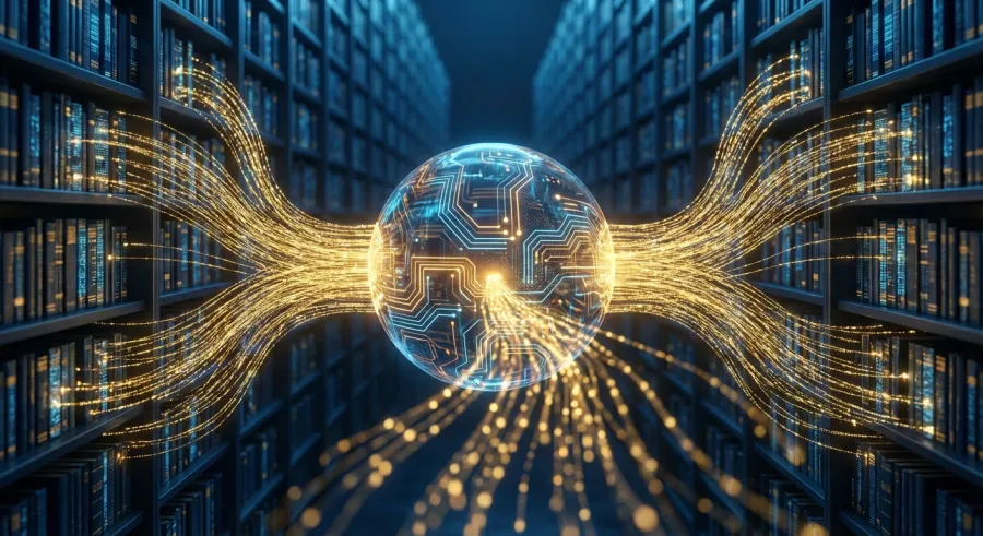 Visualization of an LLM API core retrieving data from a digital vector database library